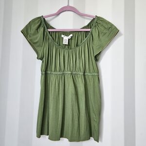 Max Studio Olive Green Scoop-Neck Empire Tunic with Subtle Gold Trim